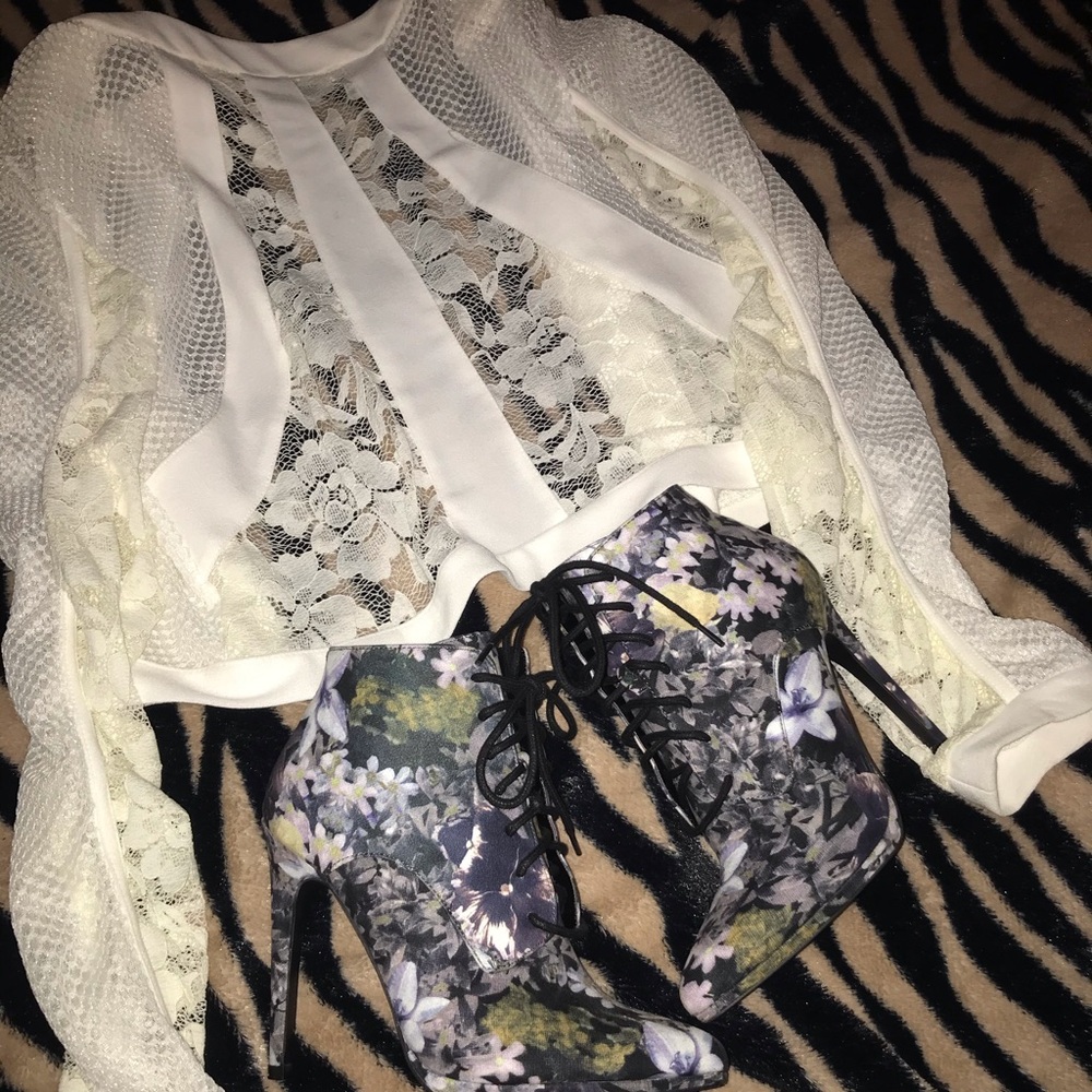 lace see through jacket with flower heels